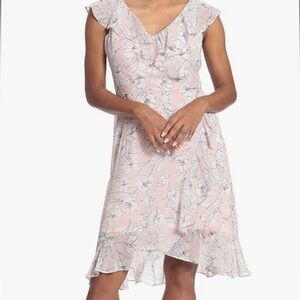 London Times Pink Asymmetrical Flutter Sleeve V-neck Dress